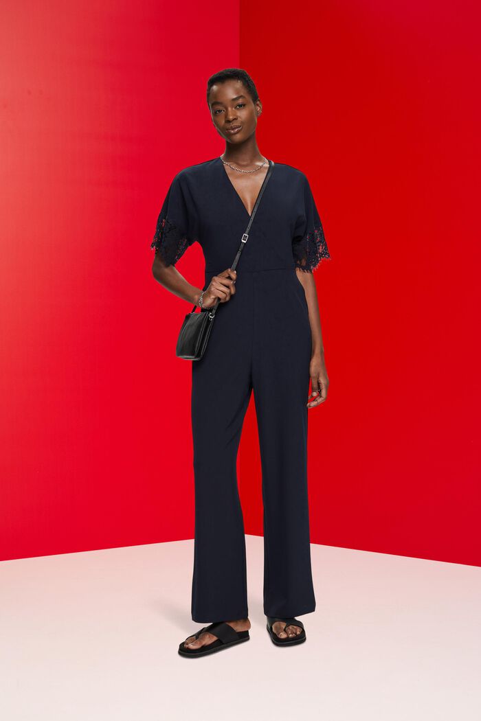 Wide leg jumpsuit with lace sleeves, NAVY, detail image number 1