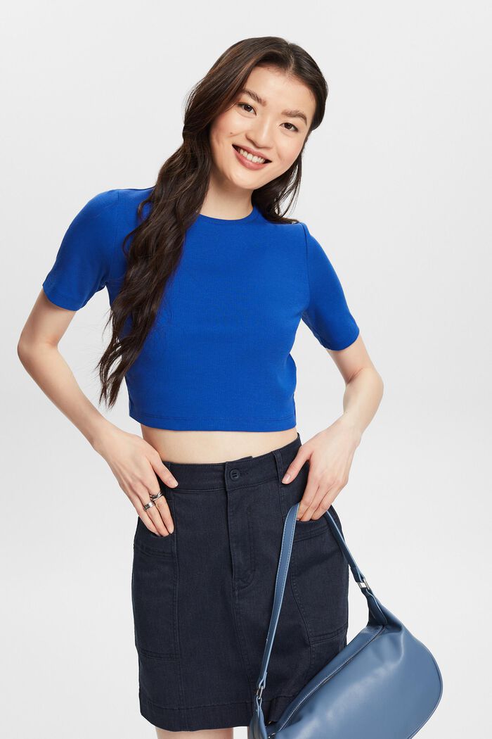 Ribbed Cotton Cropped T-Shirt, BRIGHT BLUE, detail image number 0
