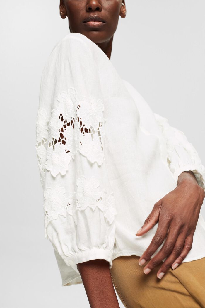Linen blouse with floral embroidery, OFF WHITE, detail image number 2
