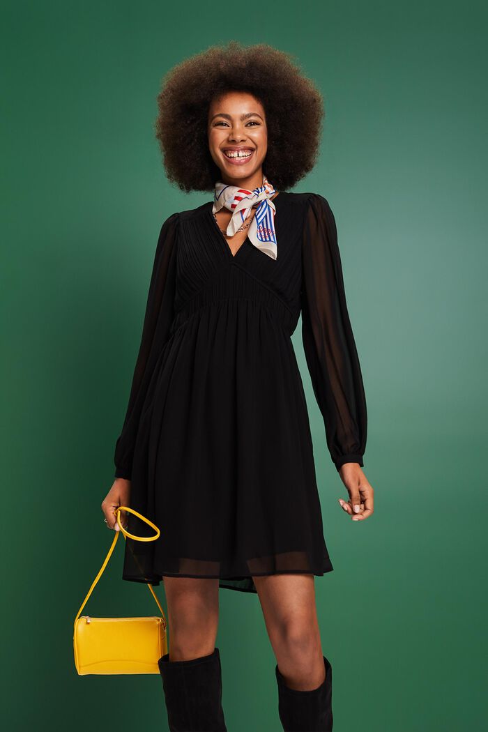 Chiffon V-Neck Mini Dress, BLACK, detail image number 0