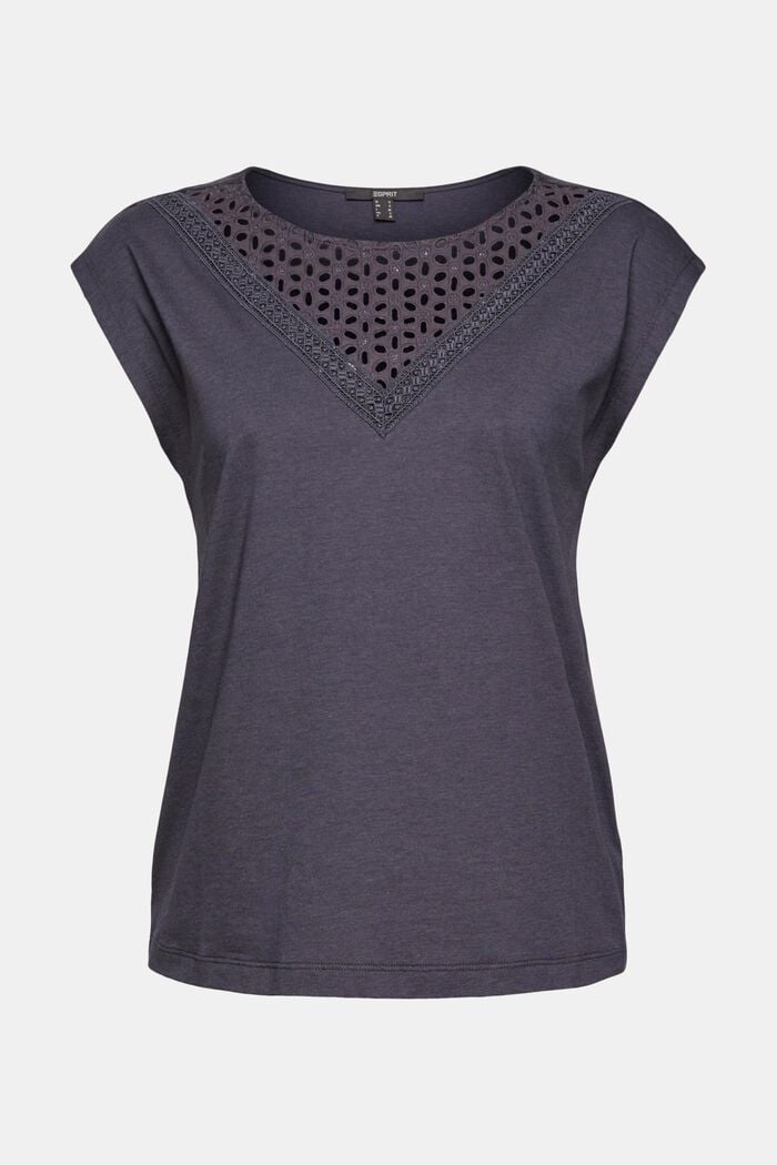 Jersey top with broderie anglaise in blended cotton, ANTHRACITE, overview