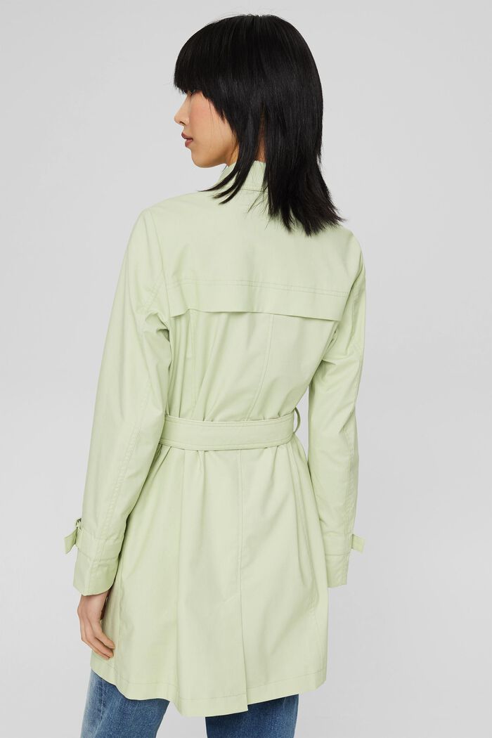 Short trench coat with a belt, in an organic cotton blend, PASTEL GREEN, detail image number 3