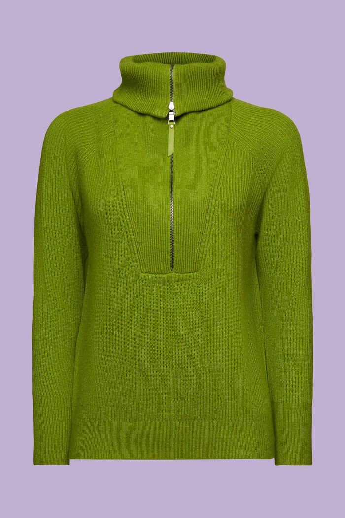 Wool Blend Rib-Knit Troyer Sweater, LEAF GREEN, detail image number 5