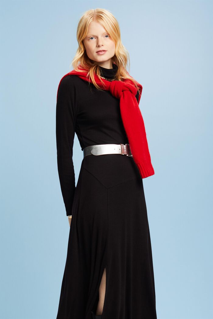 Knit Turtleneck Maxi Dress, BLACK, detail image number 2