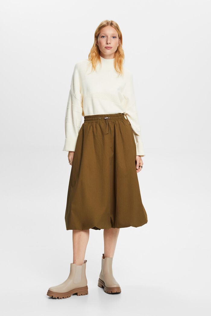 Drawstring Cotton-Blend Midi Skirt, DARK KHAKI, detail image number 4