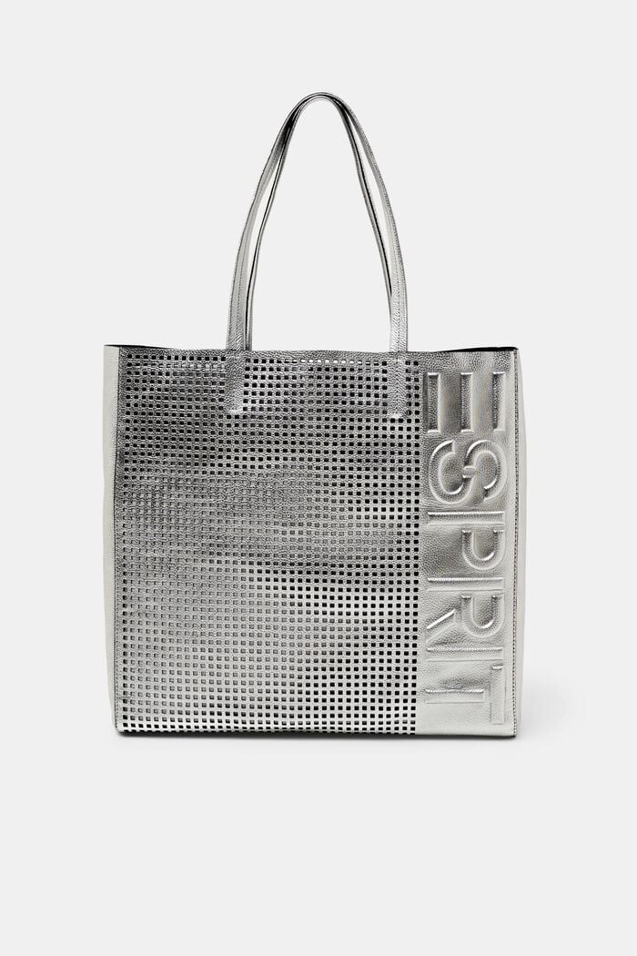 Logo Embossed Leather Tote, SILVER, detail image number 0