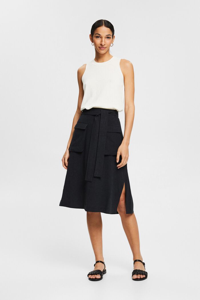 Made of blended linen: skirt with a tie-around belt, BLACK, detail image number 1