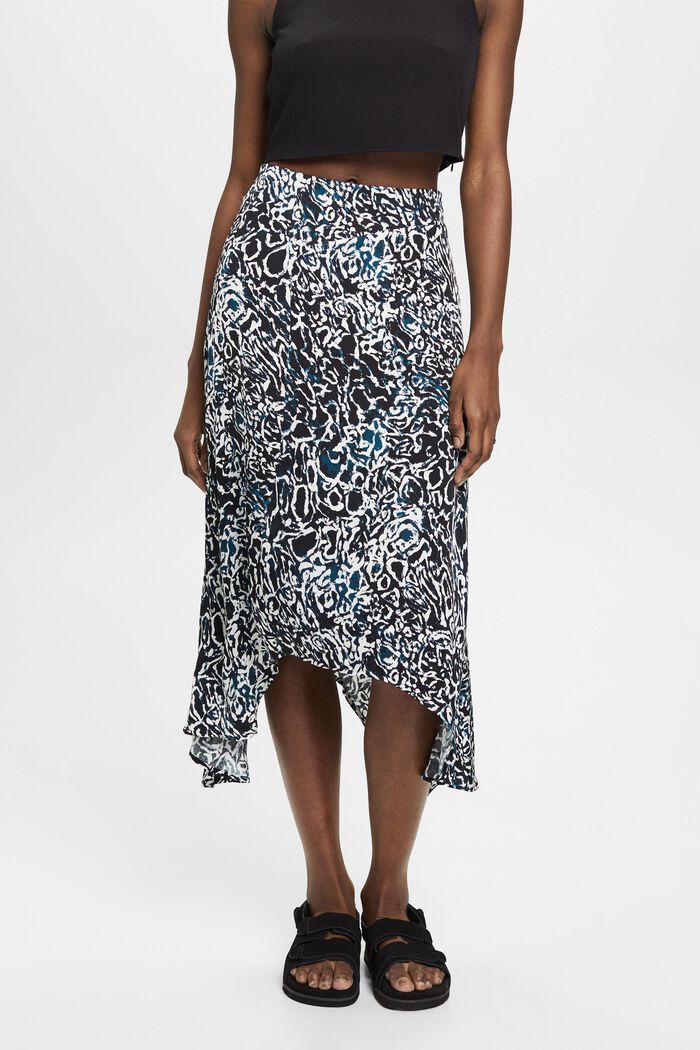 Asymmetric satin skirt with all-over print, BLACK, detail image number 0