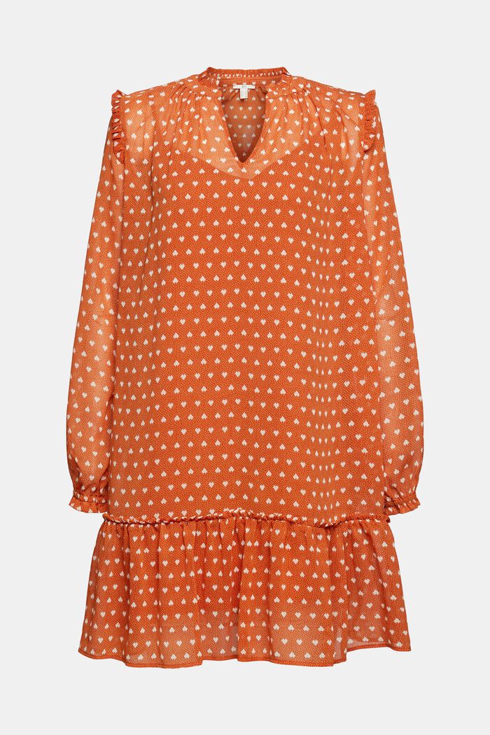 Patterned chiffon dress with a flounce hem, TOFFEE, overview