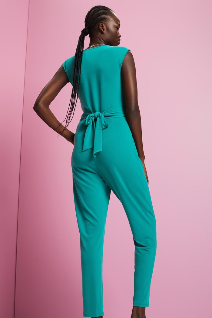 Sleeveless jumpsuit with wrapped neckline, EMERALD GREEN, detail image number 3
