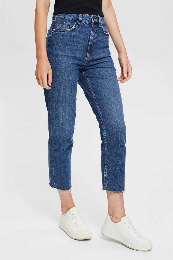 Cropped cotton blend jeans, BLUE DARK WASHED, detail image number 0
