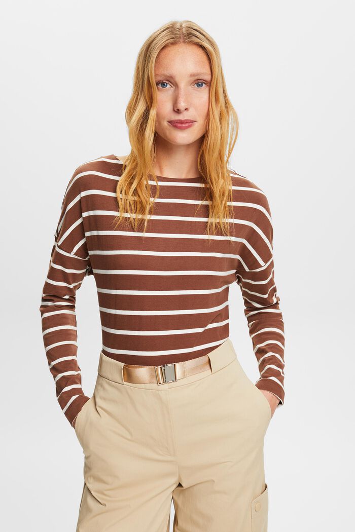 Striped Cotton Longsleeve Top, TOFFEE, detail image number 1