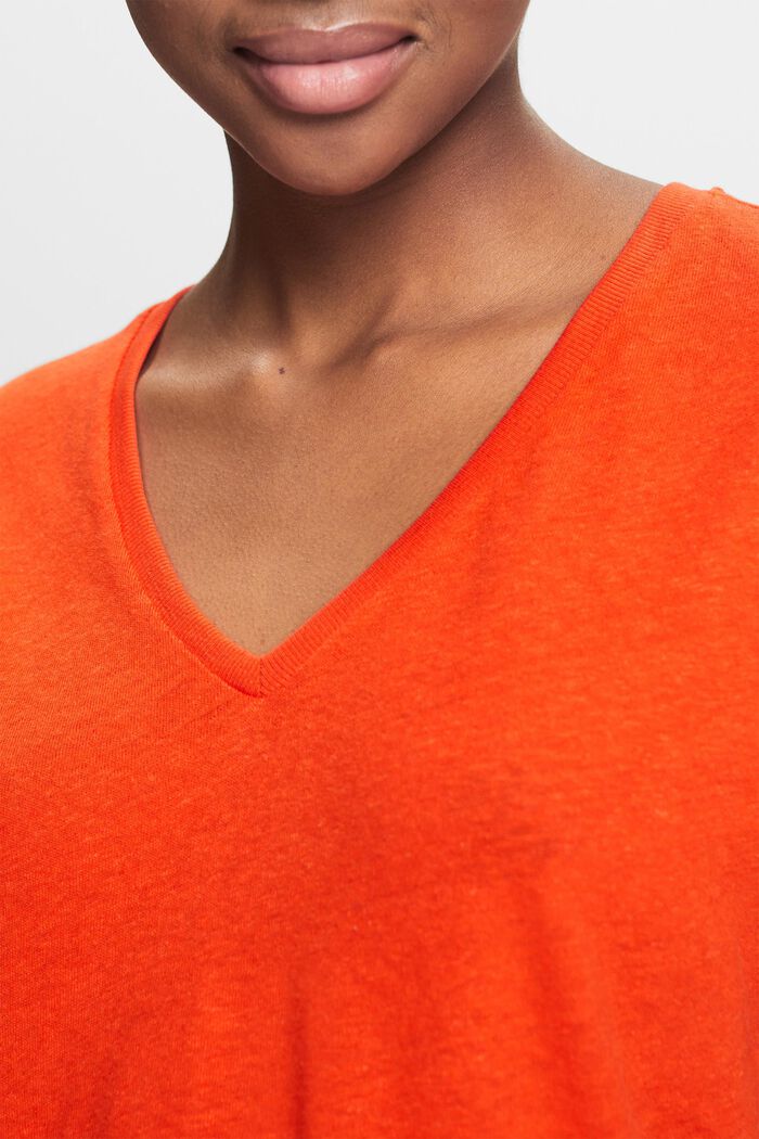 Cotton-Linen V-Neck T-Shirt, BRIGHT ORANGE, detail image number 3