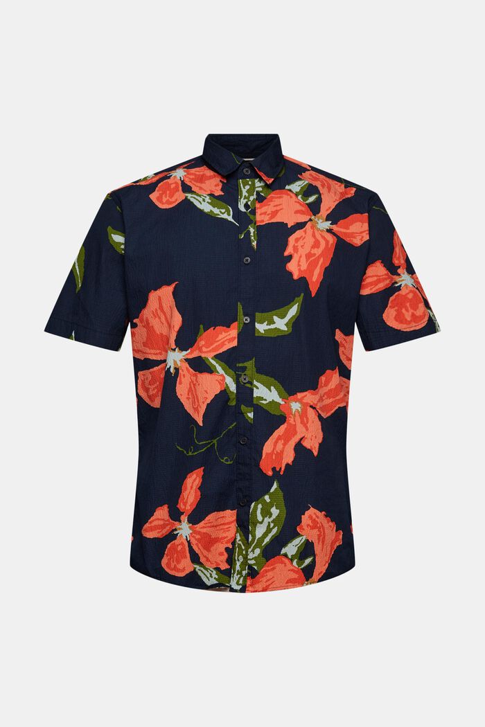 Seersucker shirt with a floral pattern, NAVY, overview