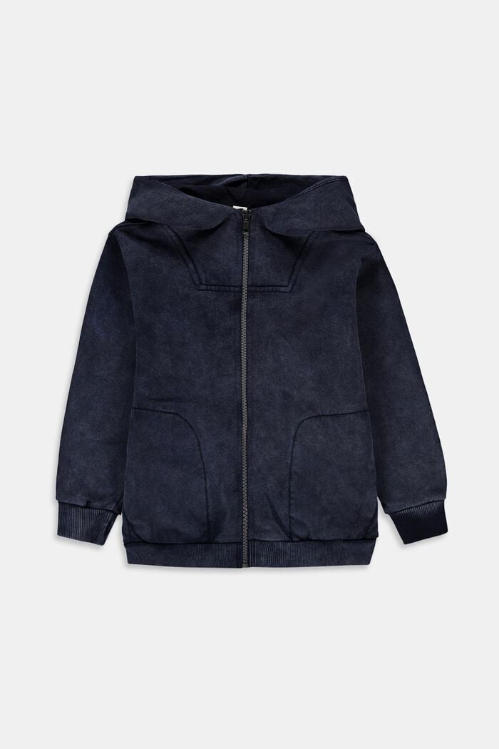 Zip hoodie in a garment-washed look, 100% cotton, BLUE DARK WASHED, detail image number 0