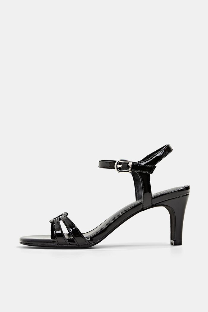 Heeled sandals in imitation patent leather, BLACK, overview