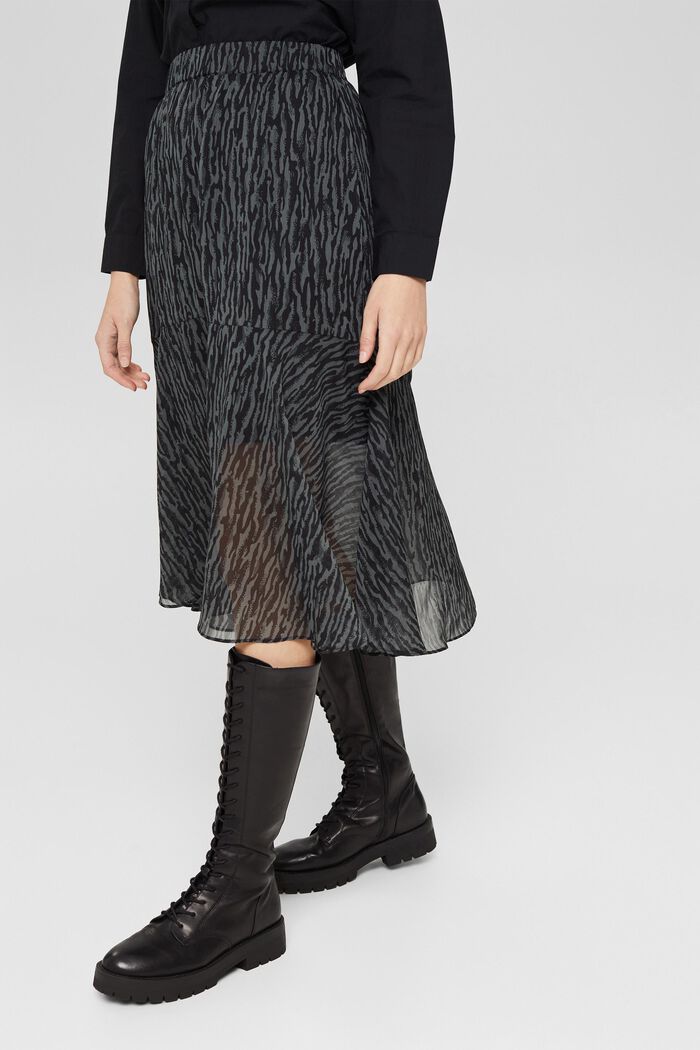 Patterned chiffon midi skirt, GUNMETAL, detail image number 0