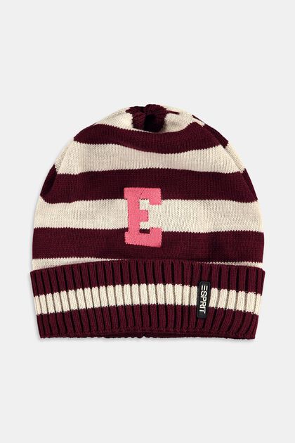 Striped knit beanie hat with embroidered letter