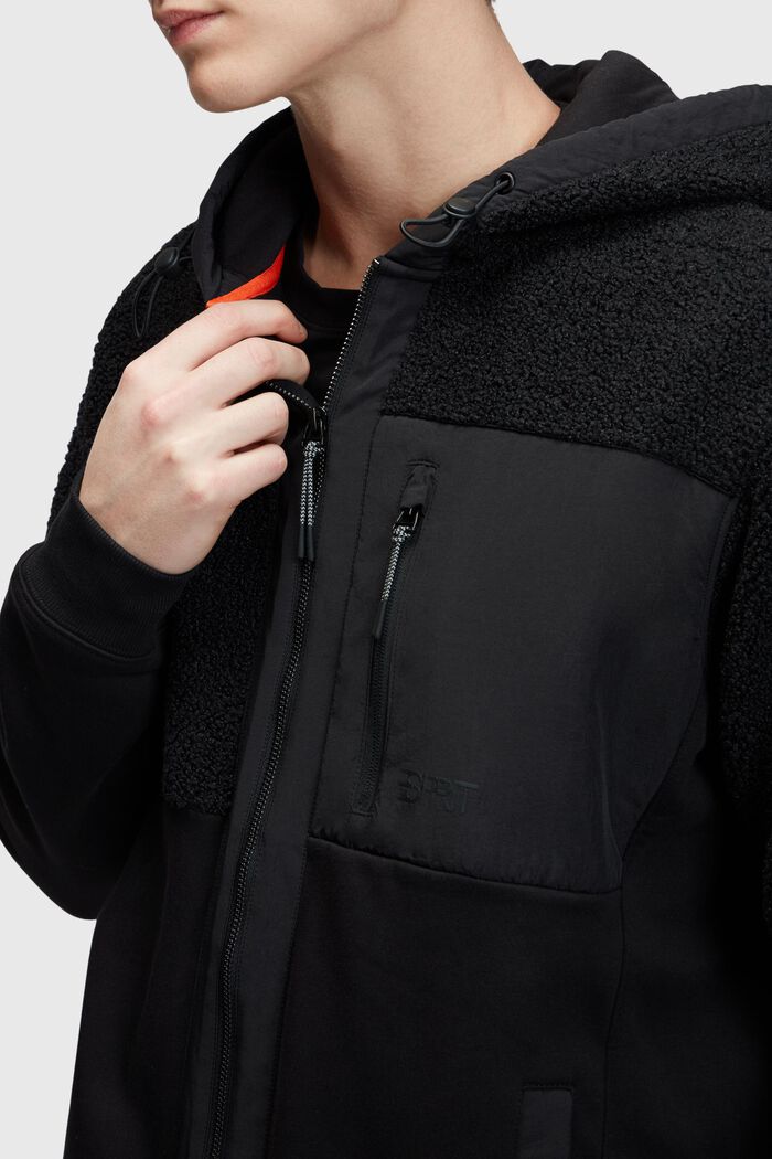 Mixed material zip-up hoodie, BLACK, detail image number 2