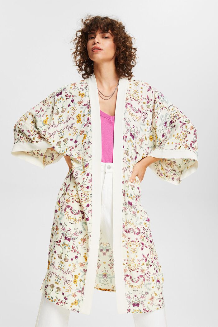 Kimono with a floral print, CREAM BEIGE, detail image number 1