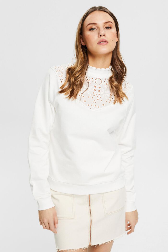 Sweatshirt with broderie anglaise, organic cotton, OFF WHITE, detail image number 0