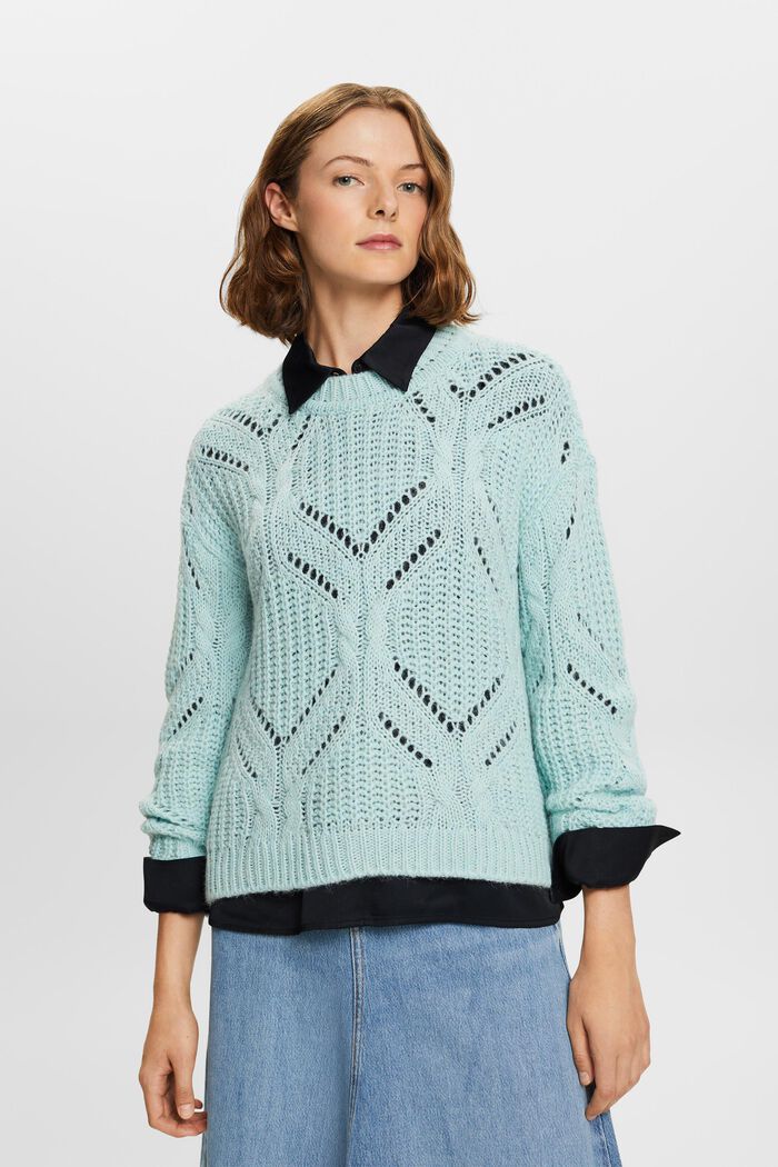 Open Knit Wool-Blend Sweater, LIGHT AQUA GREEN, detail image number 2