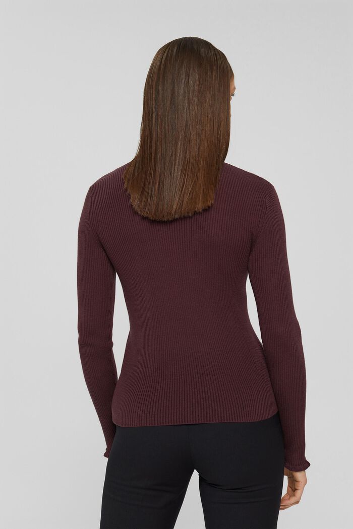 Wool blend: ribbed jumper with frills, BORDEAUX RED, detail image number 3