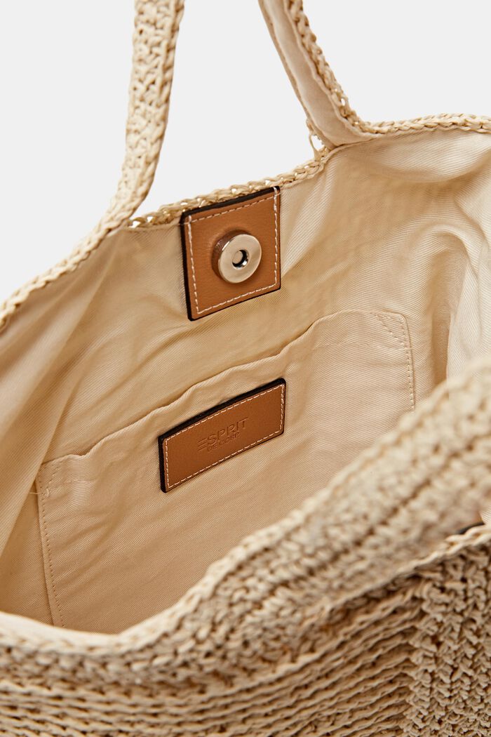 Faux Leather Trim Woven Raffia Bag, LIGHT BEIGE, detail image number 1