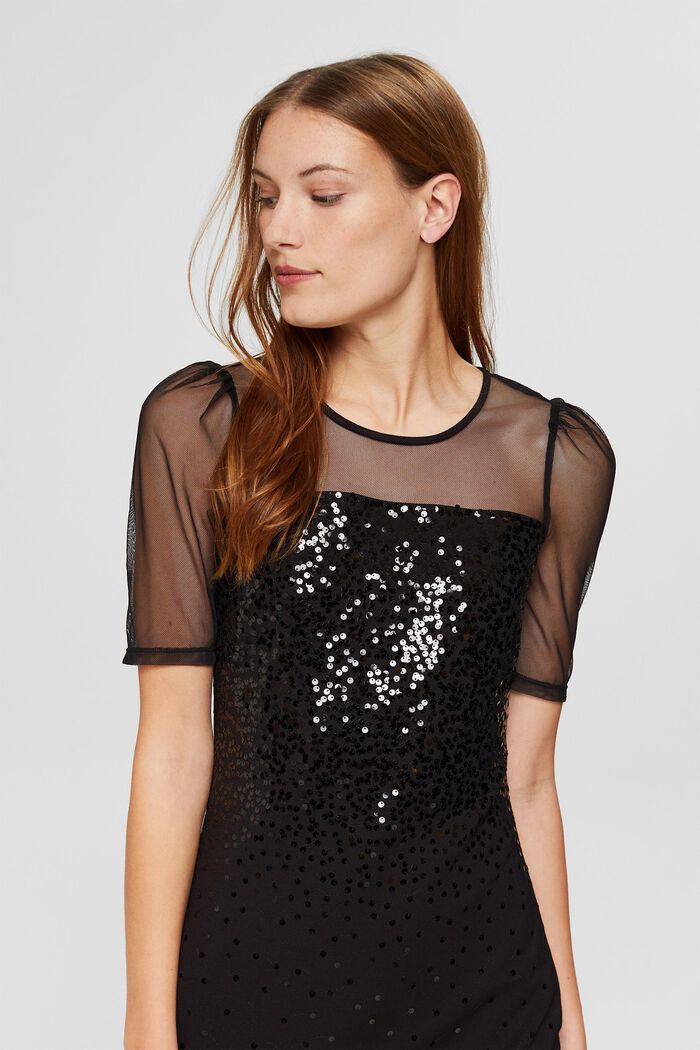 Sequinned jersey dress with mesh elements, BLACK, detail image number 5