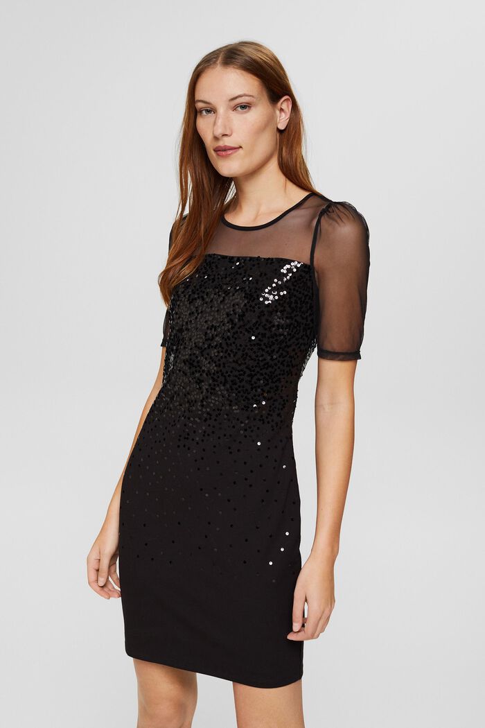 Sequinned jersey dress with mesh elements, BLACK, detail image number 0