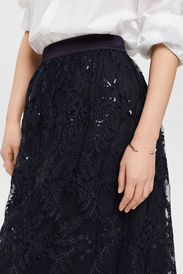 Midi skirt with embroidered flowers, NAVY, detail image number 2