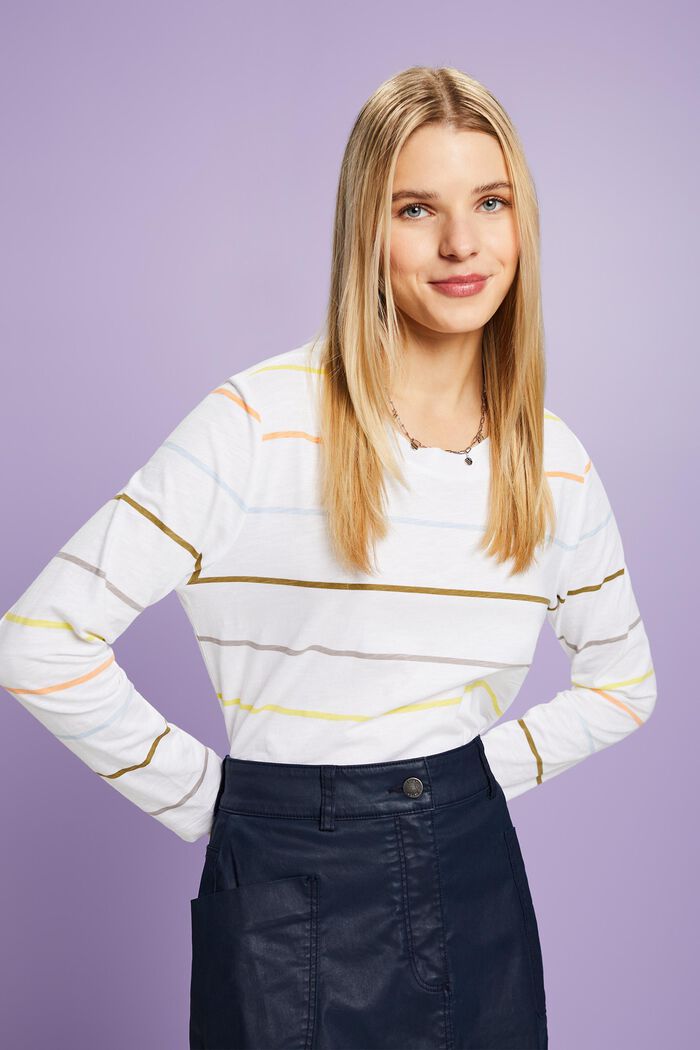 Striped Long Sleeve Top, WHITE, detail image number 0