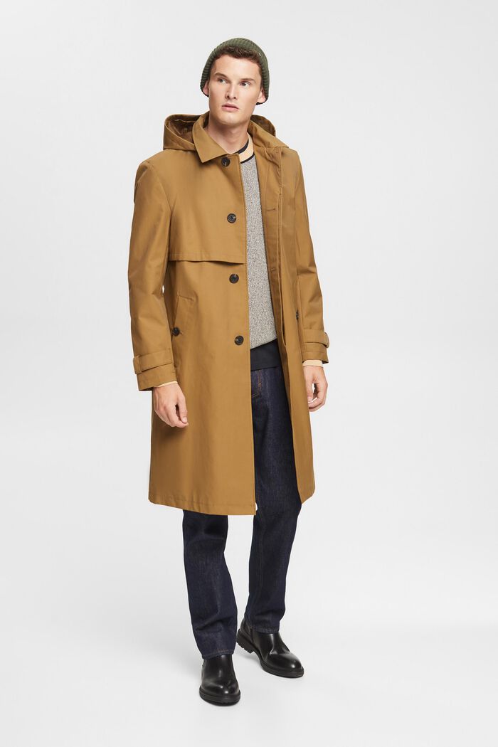 Trench coat with detachable hood
