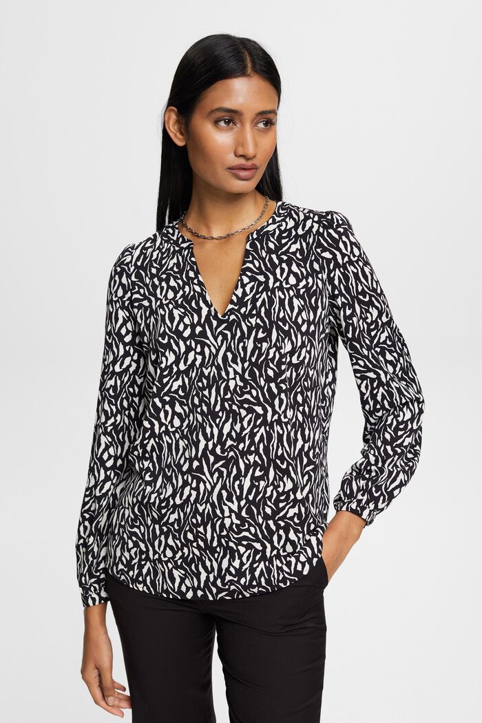 Crepe blouse with all-over pattern, BLACK, detail image number 0