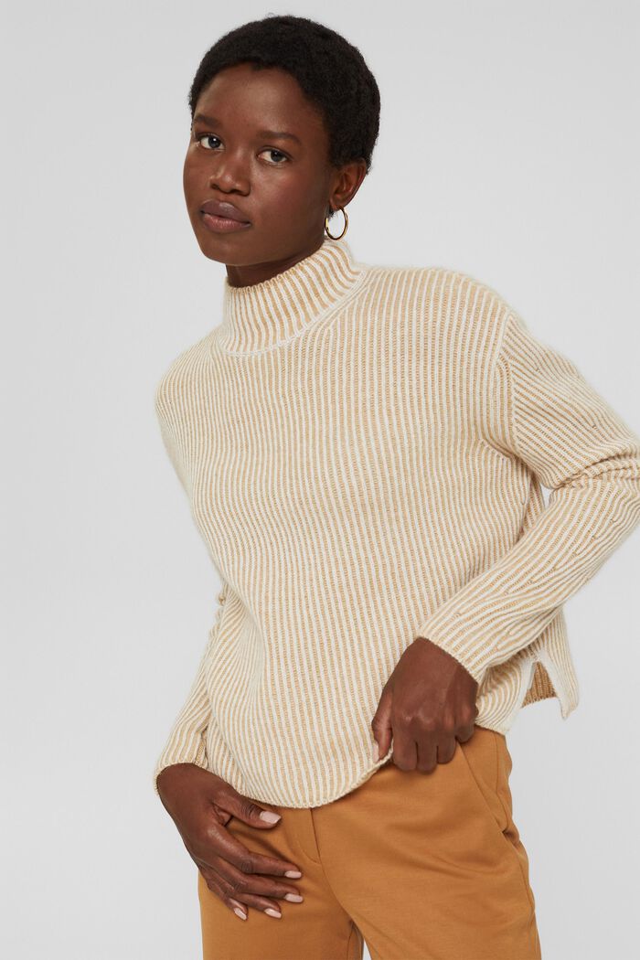 Made of blended wool: ribbed jumper in a two-tone look, KHAKI BEIGE, detail image number 0