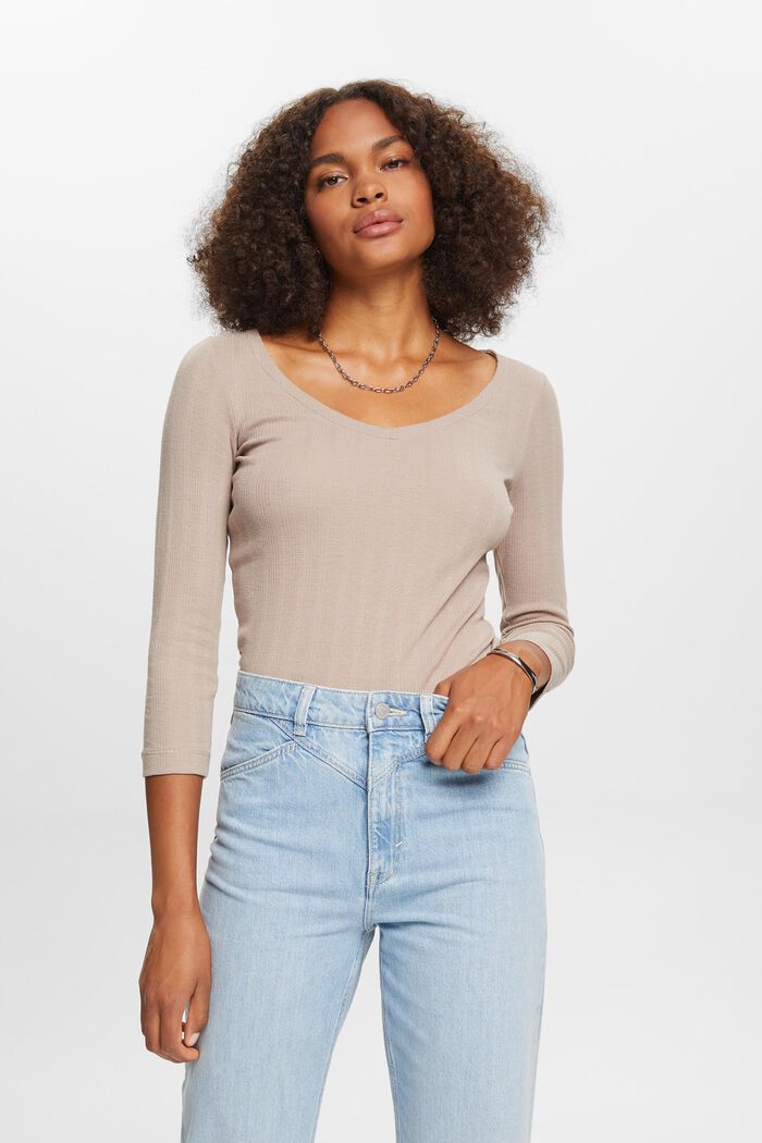 Pointelle long-sleeve top, LIGHT TAUPE, detail image number 0