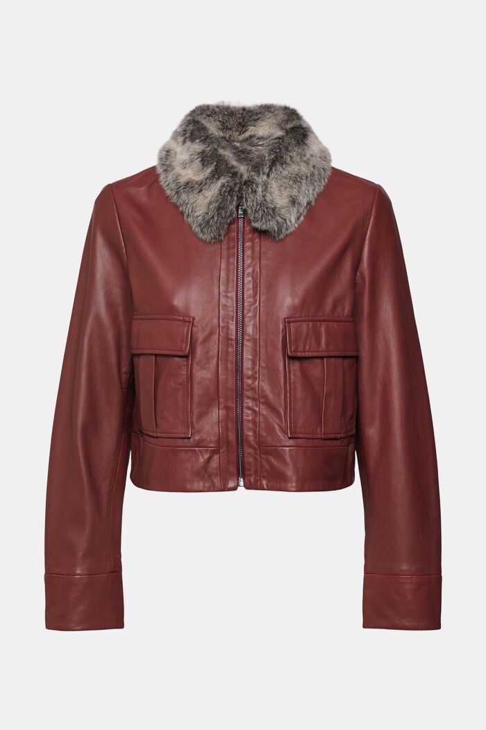 Leather jacket with fake fur collar