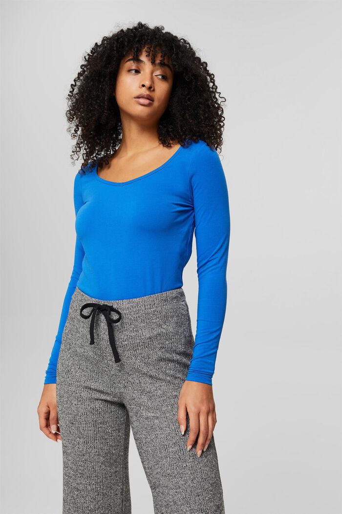 Long sleeve top with a V-neck, organic cotton, BLUE, detail image number 0