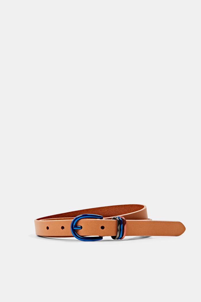 Thin leather belt with a blue buckle, RUST BROWN, detail image number 0