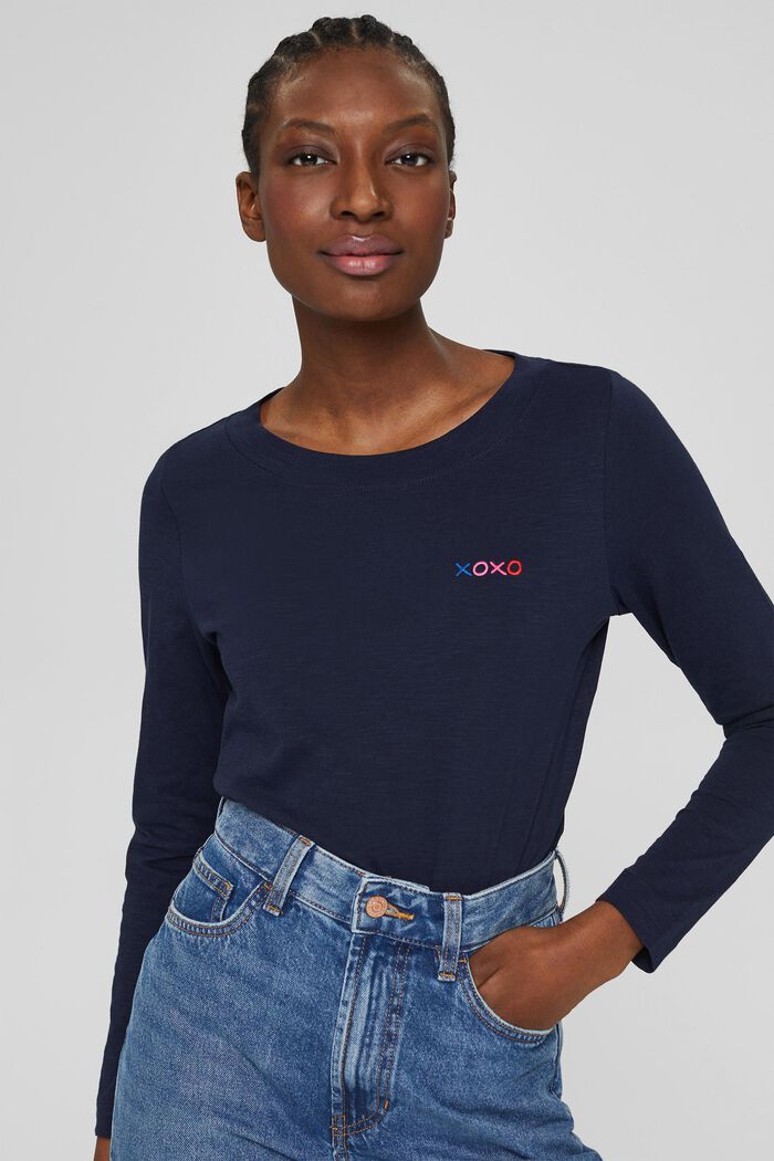 Embroidered long sleeve top, 100% cotton, NAVY, detail image number 0