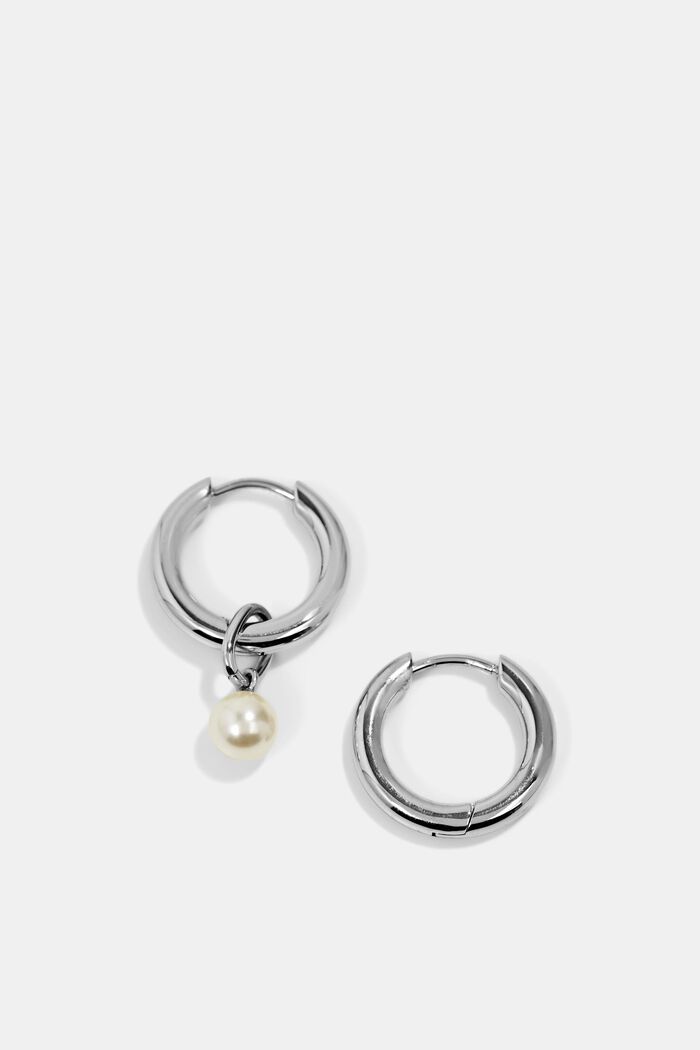 Stainless steel hoop earrings with bead pendant, SILVER, detail image number 2