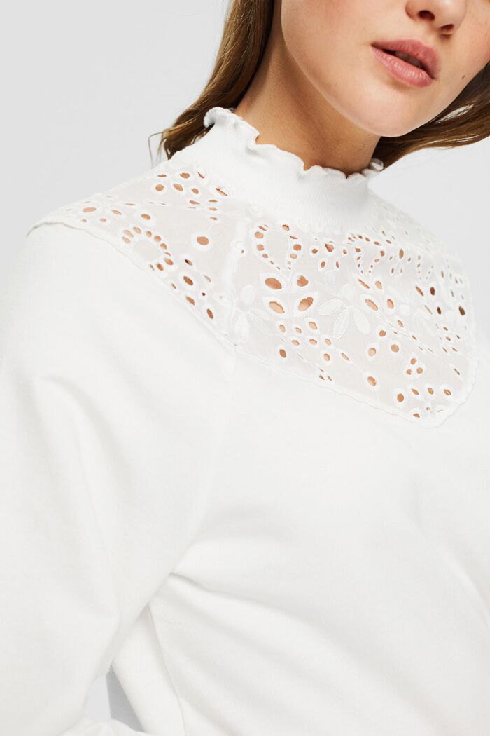 Sweatshirt with broderie anglaise, organic cotton, OFF WHITE, detail image number 2