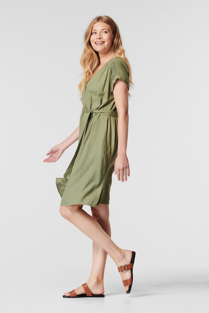 Blended linen: Dress with a tie-around belt, REAL OLIVE, detail image number 4