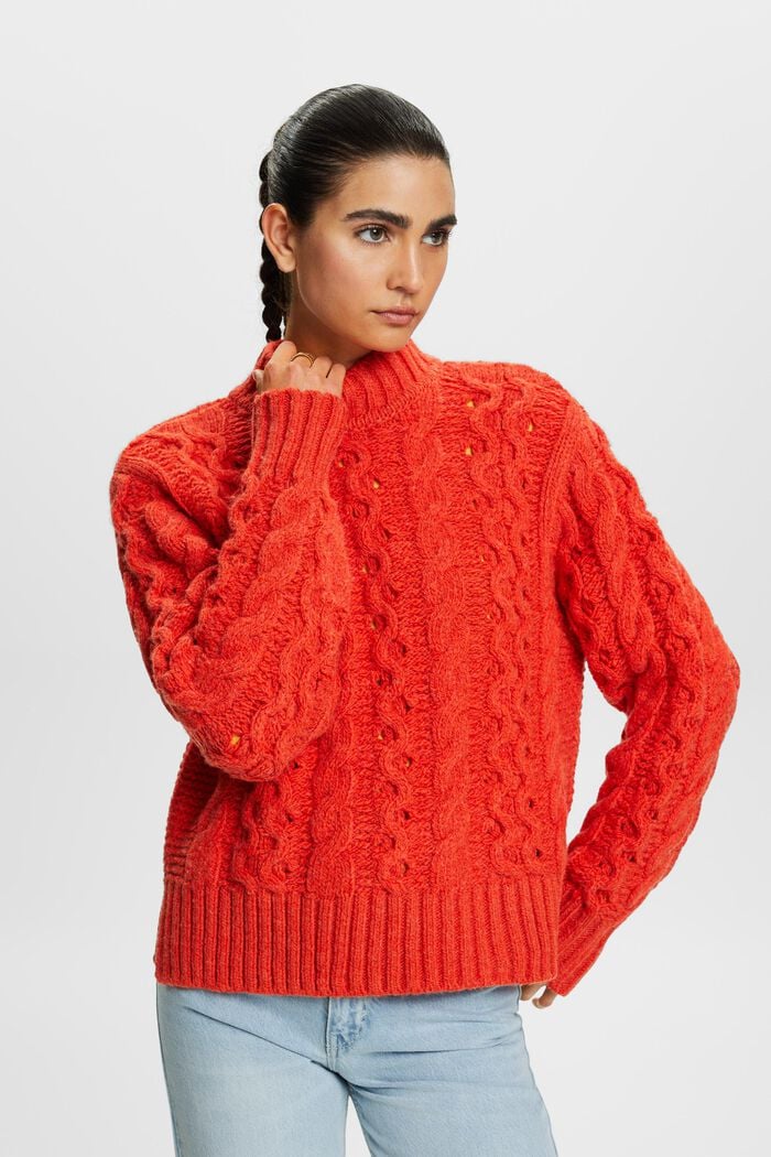Cable-Knit Wool-Blend Sweater, BRIGHT ORANGE, detail image number 1