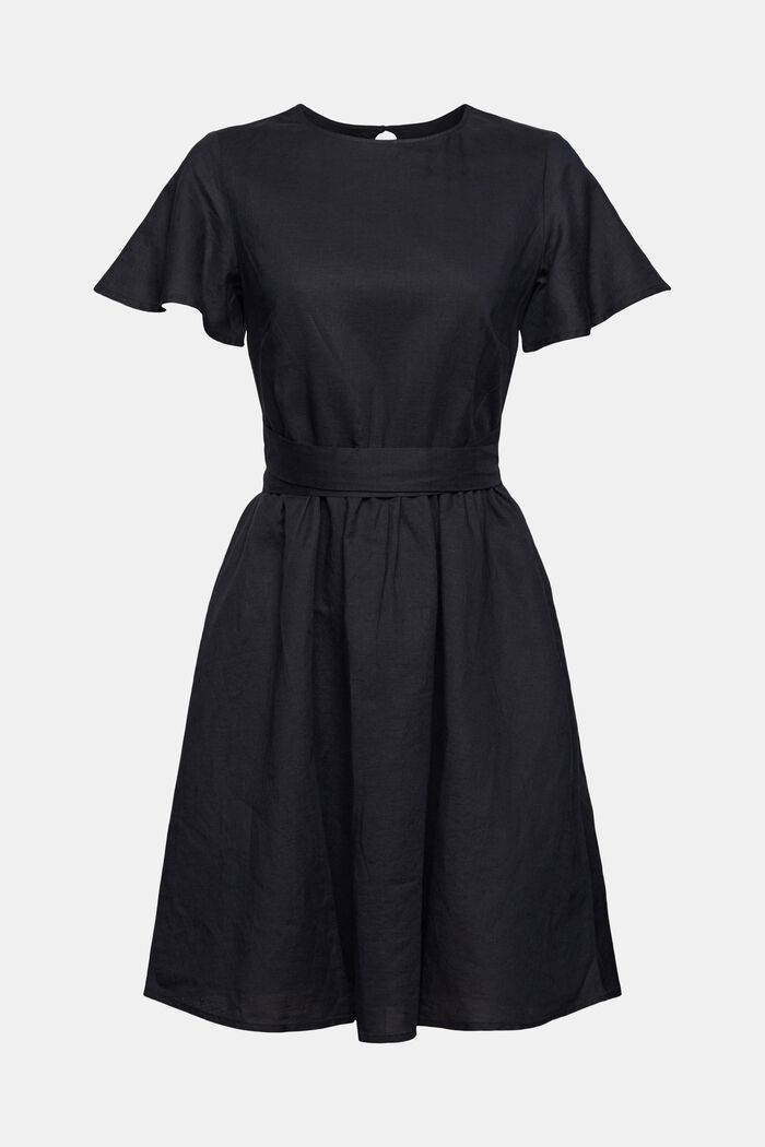 Blended linen dress with a back neckline, BLACK, overview