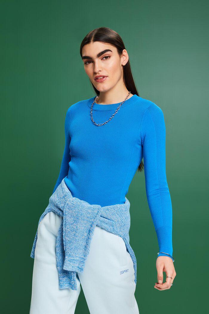 Rib-Knit Crewneck  Sweater, BLUE, detail image number 0