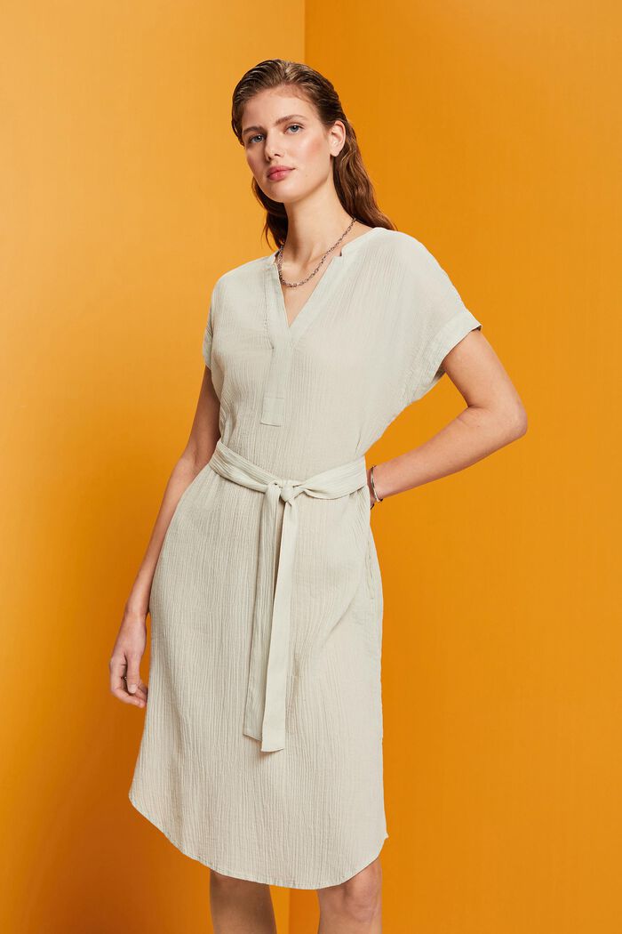 Crinkled midi dress with belt, DUSTY GREEN, detail image number 0