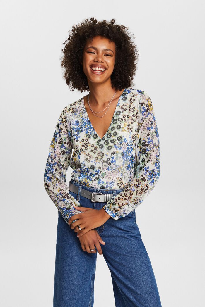 Crêpe blouse with millefleurs pattern, LIGHT BEIGE, detail image number 0