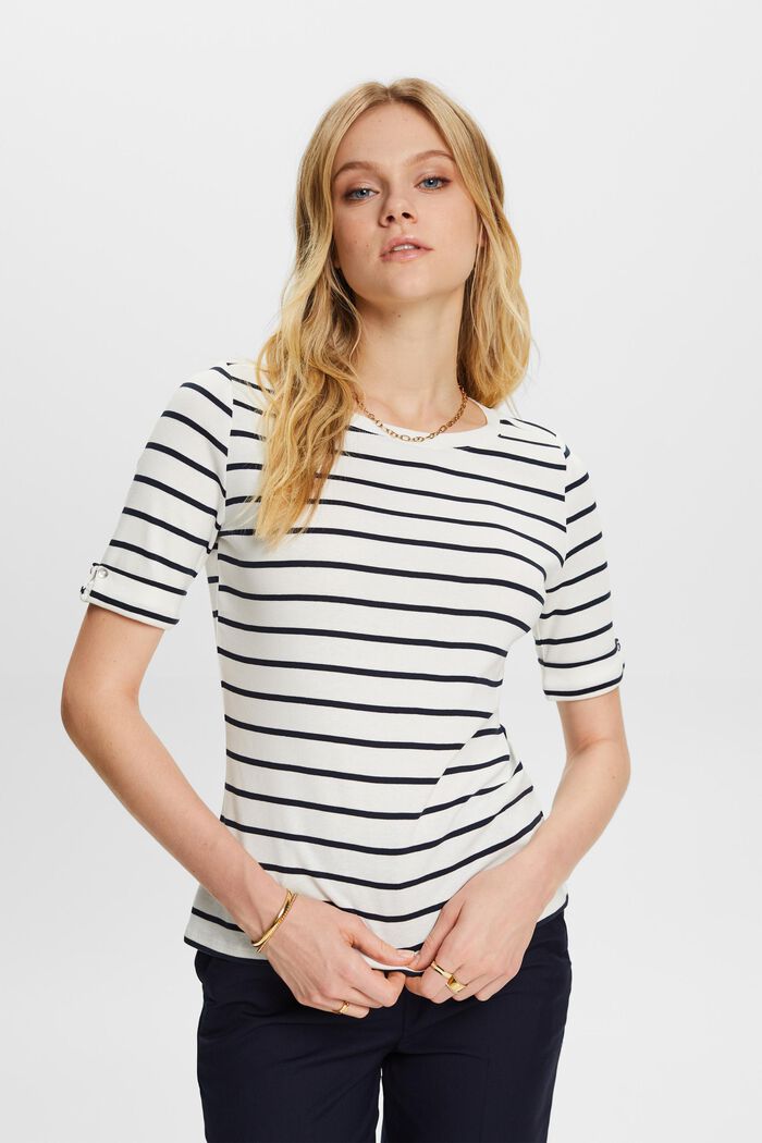 Striped Round Neck Cotton Top, OFF WHITE, detail image number 0
