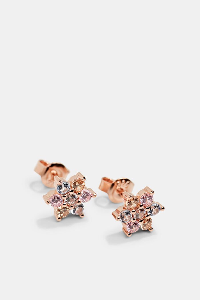 Stud earrings with zirconia flowers, sterling silver, ROSEGOLD, detail image number 1
